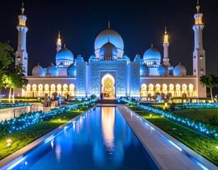 Fototapeta premium Sheikh Zayed Mosque illuminated at night, reflecting in the water feature, showcasing its architectural grandeur.