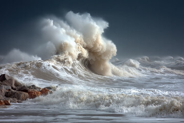 Naklejka premium Powerful ocean waves crashing against rocks underneath a stormy sky