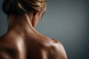 closeup shot of womans back during twisting motion against clean gray background
