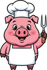 PrintCartoon pig chef, cute animal mascot, wearing apron and chef hat, holding meat fork, food illustration, culinary character, restaurant design