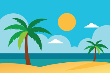 Obraz premium a vibrant illustration of a tropical beach scene with palm trees, the sun, and clouds over the ocean, evoking a sense of summer vacation and relaxation vector illustration