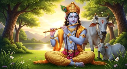 Beautiful krishna playing flute with cows in nature background hd wallpaper image