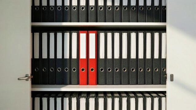 Shelf of organized grid of black and white office binders with one red binder standing out on metal shelves, business storage, workspace organization, corporate environment, minimalistic background l