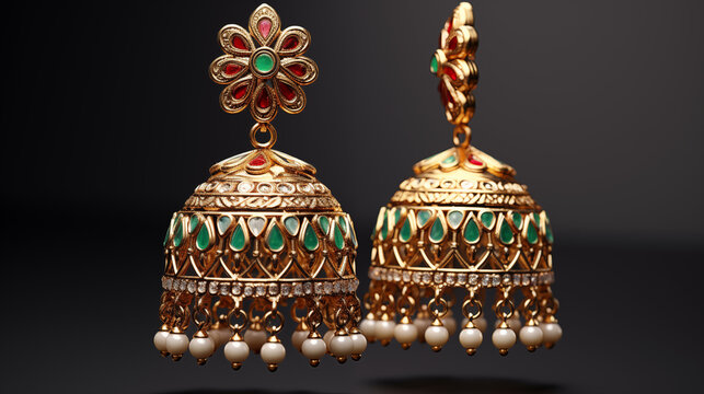 Traditional Magar Jhumkay: Ornate Gold & Precious Stone Earrings