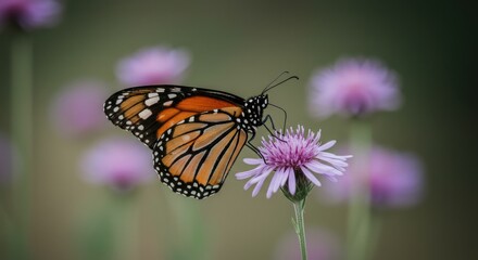 Obraz premium Monarch Butterfly on Purple Flower: Nature's Delicate Beauty, Close-up