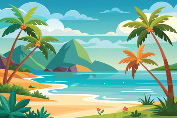 Obraz premium a picturesque tropical island landscape featuring a sandy beach, lush palm trees, clear blue water, and distant mountains under a bright sky vector illustration