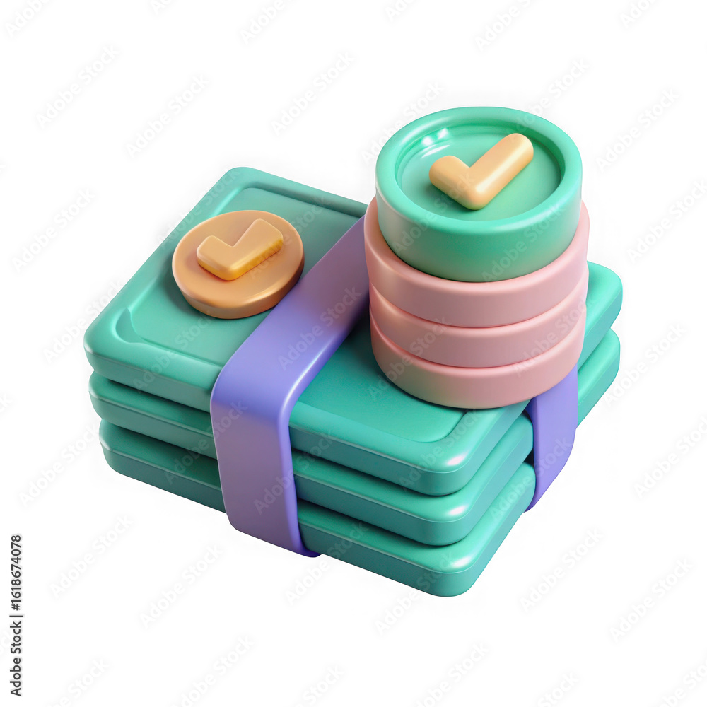 Poster 3d cartoon stack of money with checkmarks isolated on transparent background
