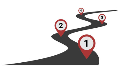 Road with location markers following a winding path showcasing navigation and journey concepts. Road to success. Winding path illustration 