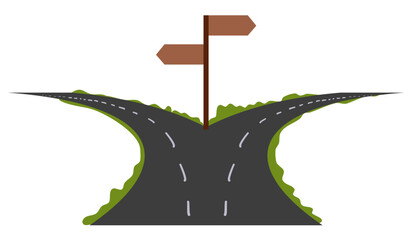 Split path illustration. Fork in the road, decision or choice, a career pathway or business decision making. The way to success. Choose the correct or incorrect way.