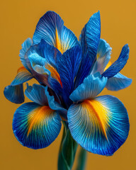 Macro photo of a beautiful iris flower with vibrant blue and yellow petals in full bloom. Isolated on a solid warm gold background. Elegant floral concept.