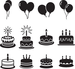 Birthday Party Icons Vector Set Cake and Balloon Silhouettes