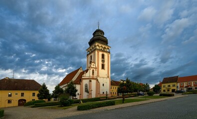 St. Matthew’s Church and lookout tower in Bechyně captured in the soft morning light during the...
