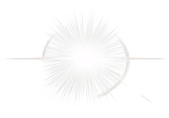 Bright white starburst explosion with radiating light rays and a circular halo effect isolated on transparent background