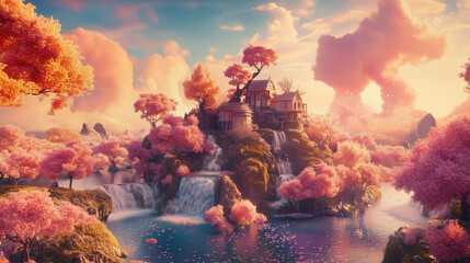 small houses on top of a small mountain covered in trees and waterfalls