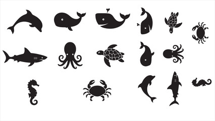 Set of Black Animal Silhouette Vector Icons on White Background &ndash; Wildlife, Pets, Birds & Marine Animals