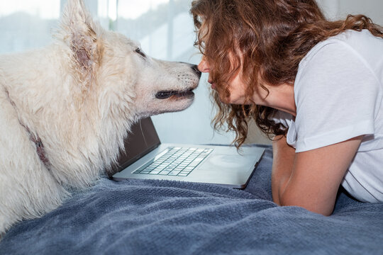 Woman with curly hair interacts closely with her fluffy white dog while working on a laptop, showcasing the bond between pets and remote work lifestyle