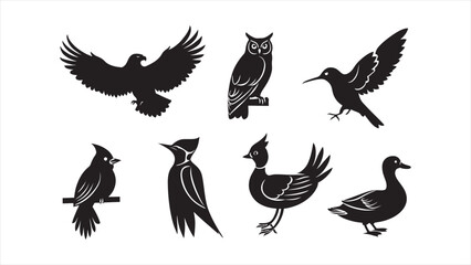 Obraz premium Set of Black Animal Silhouette Vector Icons on White Background – Wildlife, Pets, Birds & Marine Animals