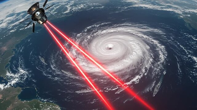 Satellite weapon targeting hurricane with laser beams