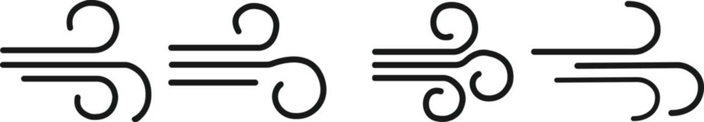 Wind and Air Flow Symbols &ndash; Minimalist Set of  Black and White Weather Icons Showing Stylized Breeze Movement