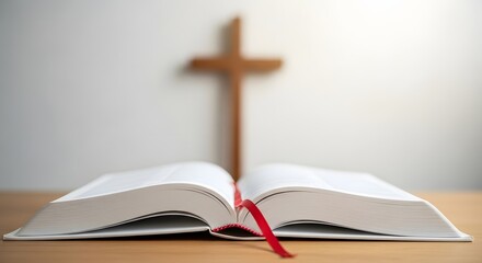 Naklejka premium Open bible with cross background, christian scripture study and prayer, faith and religion concept