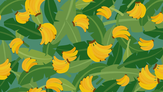 Banana and green banana leaf pattern seamless. Tropical fruit in doodle style vector illustration