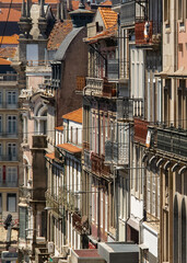 Fototapeta premium Ornate balcony facades historic center of porto city, portugal