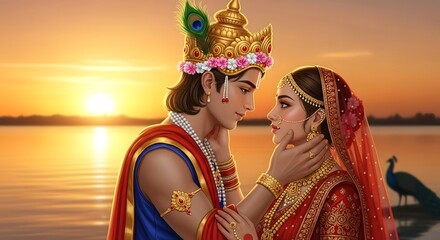 Krishna and radha love story illustration hindu god and goddess at sunset beautiful art