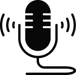 Black and white vector illustration of a vintage microphone with sound waves emitting