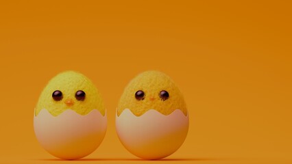 Two fluffy yellow chicks hatching from eggshells