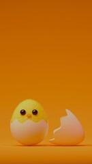 Fluffy yellow chick hatching from eggshell on orange background