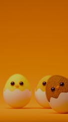 Three fluffy chicks in cracked eggshells with one in foreground