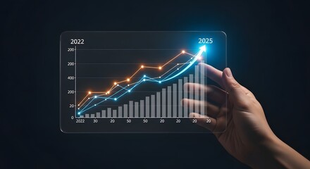 Stock market analysis and financial growth chart from to years with hand pointing up trend line