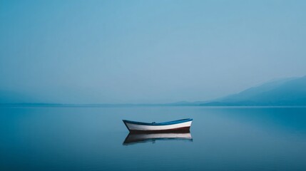 Naklejka premium A tranquil day on a calm lake with a small boat nature scene peaceful environment scenic view