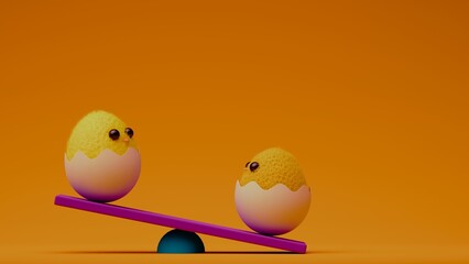 Two fluffy yellow chicks balancing on a seesaw