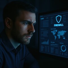 Cybersecurity Analyst Monitoring Firewall Dashboard