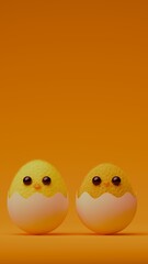 Two fluffy yellow chicks hatching from eggshells