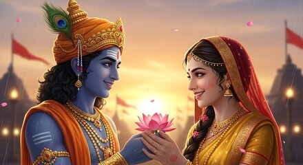 Krishna radha love story illustration, hindu god and goddess, indian mythology art print