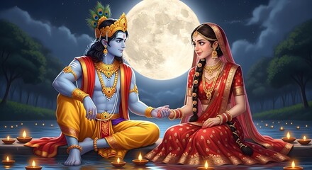 Krishna radha love story illustration, hindu god and goddess, indian mythology art, devotion
