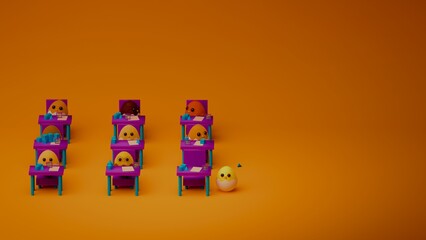 Obraz premium Eight fluffy chicks at desks with one chick by empty desk