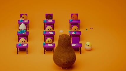 Teacher chick instructing a classroom of student chicks