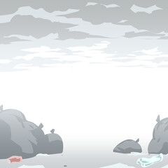 正方形背景　手描き素材　シンプルなベクター風の曇り空と打ち捨てられたゴミ　背景イラスト