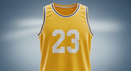 Close-up of a bright yellow sleeveless basketball jersey with number twenty-three.