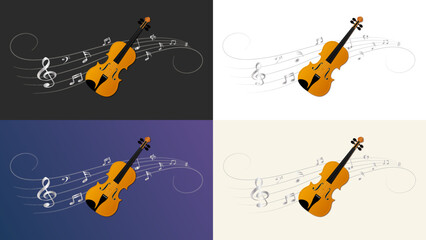 Set of 4 elegant violin instruments with silver music notes along a musical stave in 3D space with different colorful backgrounds, transparent background version included