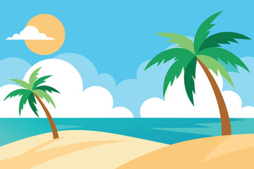 Fototapeta premium a charming flat illustration showcasing a tropical beach with palm trees and the sun shining brightly over the calm ocean and sandy shore vector illustration