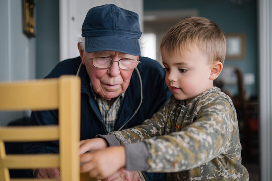 Grandfather showing grandson how to fix a broken chair, intergenerational moment