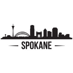 Obraz premium Spokane, WA skyline horizontal banner. Spokane city. Vector template for your design. Vector black silhouette. with white background