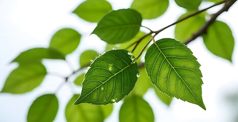 Macro shot of fresh green leaves with morning dew drops,