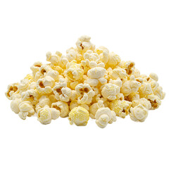 A delicious pile of fluffy golden popcorn kernels scattered and heaped together isolated on transparent background