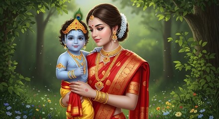 Lord krishna with mother yashoda painting indian god hinduism devotional art illustration