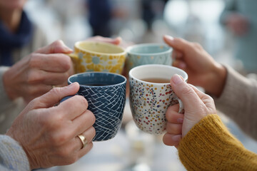 Small group clinking tea mugs, celebrating consistent daily meetups, soft morning light